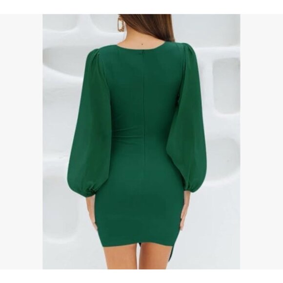 Dark Green Women’s Wrap V Neck Bodycon Mini Puff Long Sleeve Dress Ruched SZ L - Picture 5 of 7